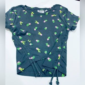 Mighty Fine Women's / Juniors Crop Top Pink/Gray Cactus Print Ruched XS NWOT